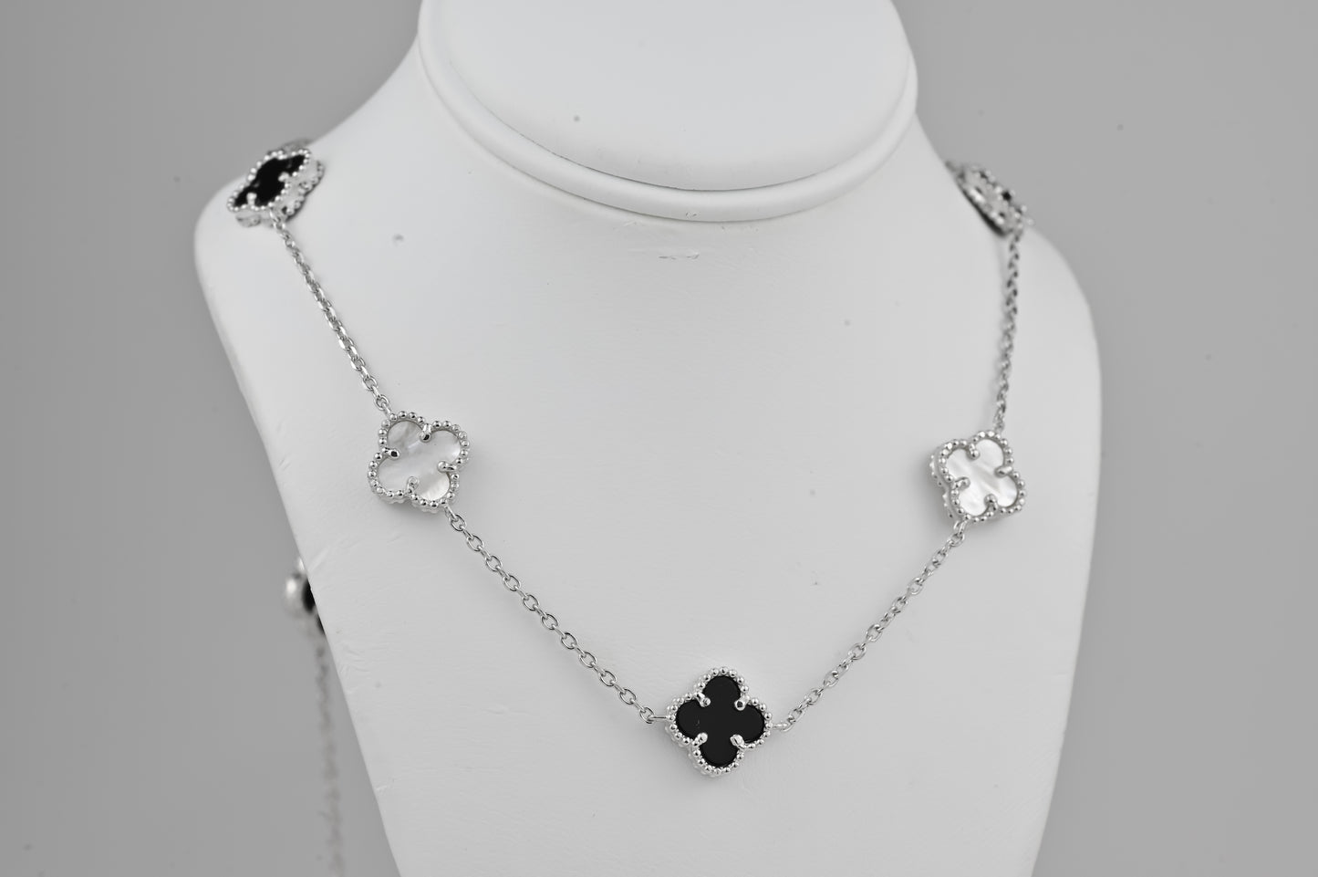 Silver Necklace Clovers Onyx and Mother of Pearl