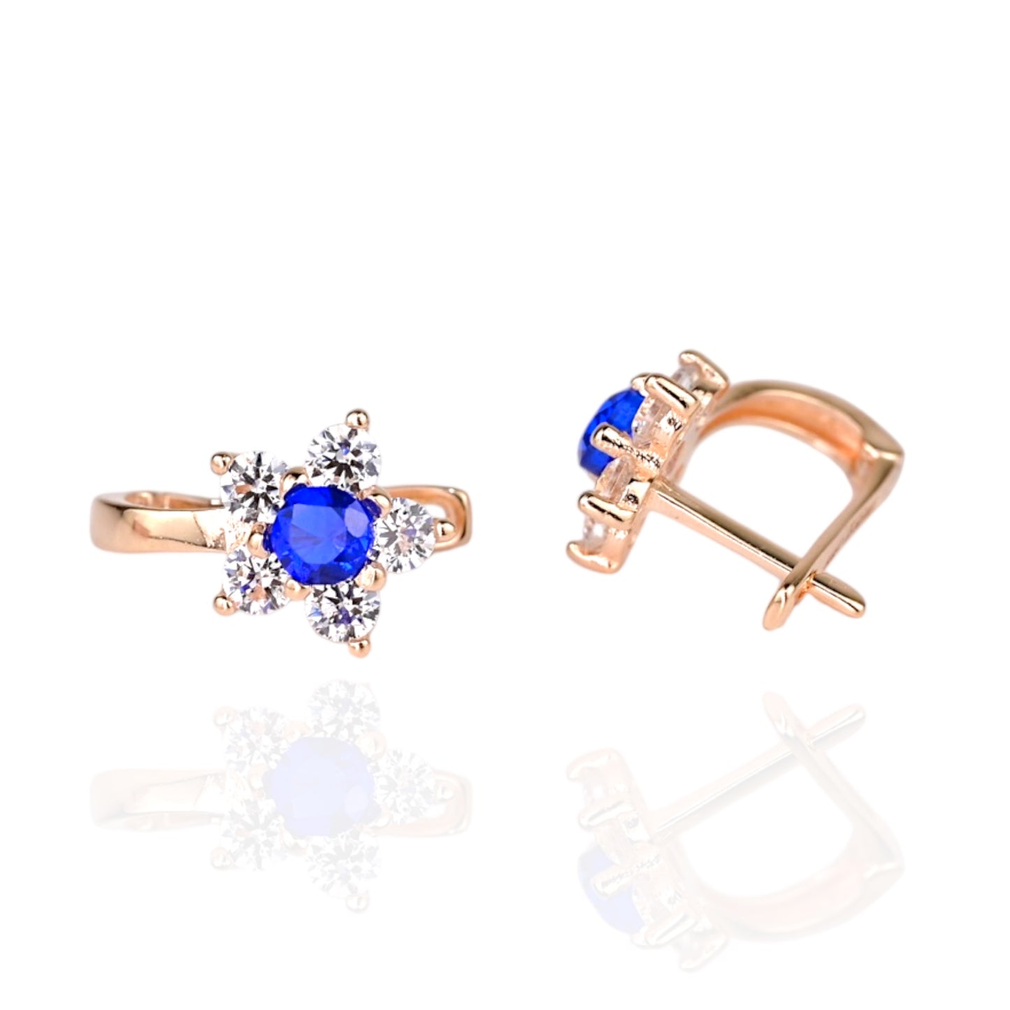 Kids Earrings Flowers Rose Gold 585 with Blue Zirconia stones