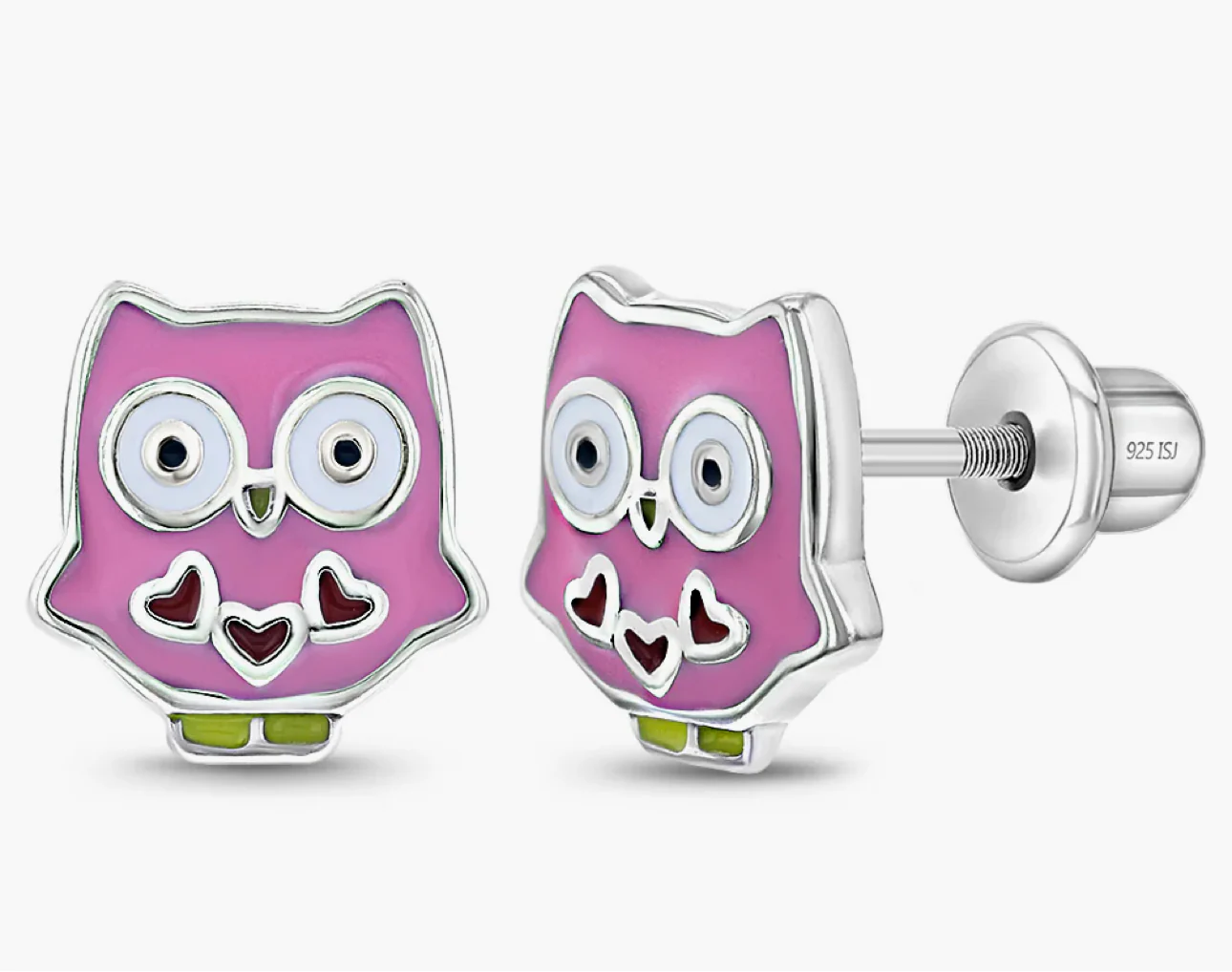 Pink Owls Silver Kids Earrings