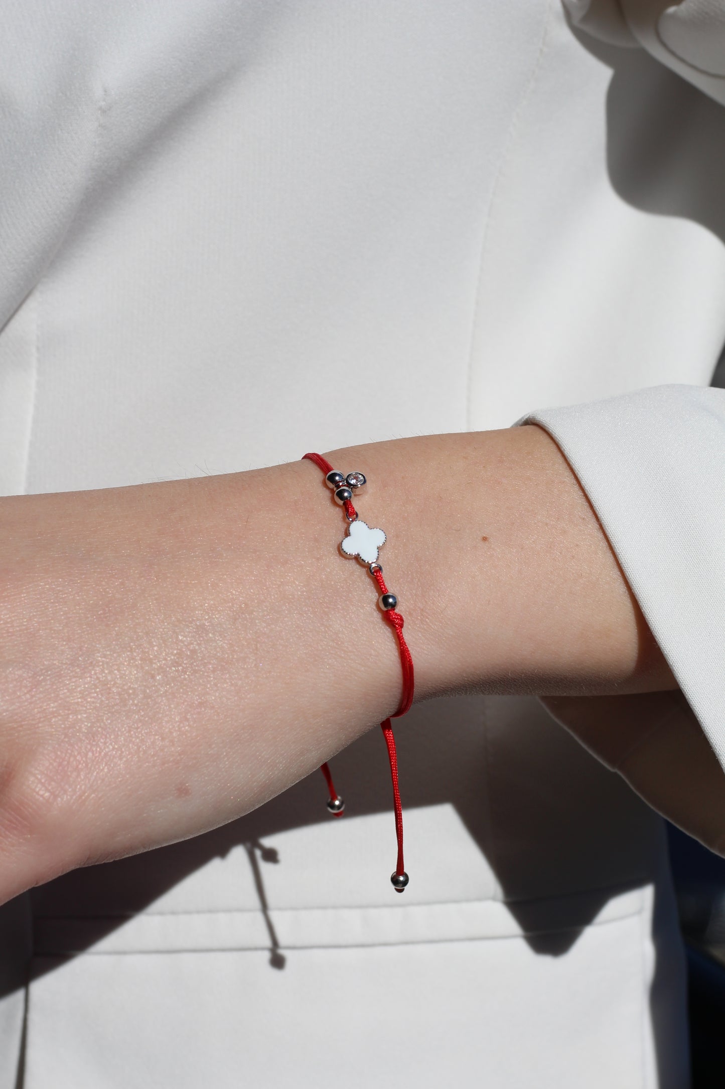 Silver Bracelet Red Thread White clover