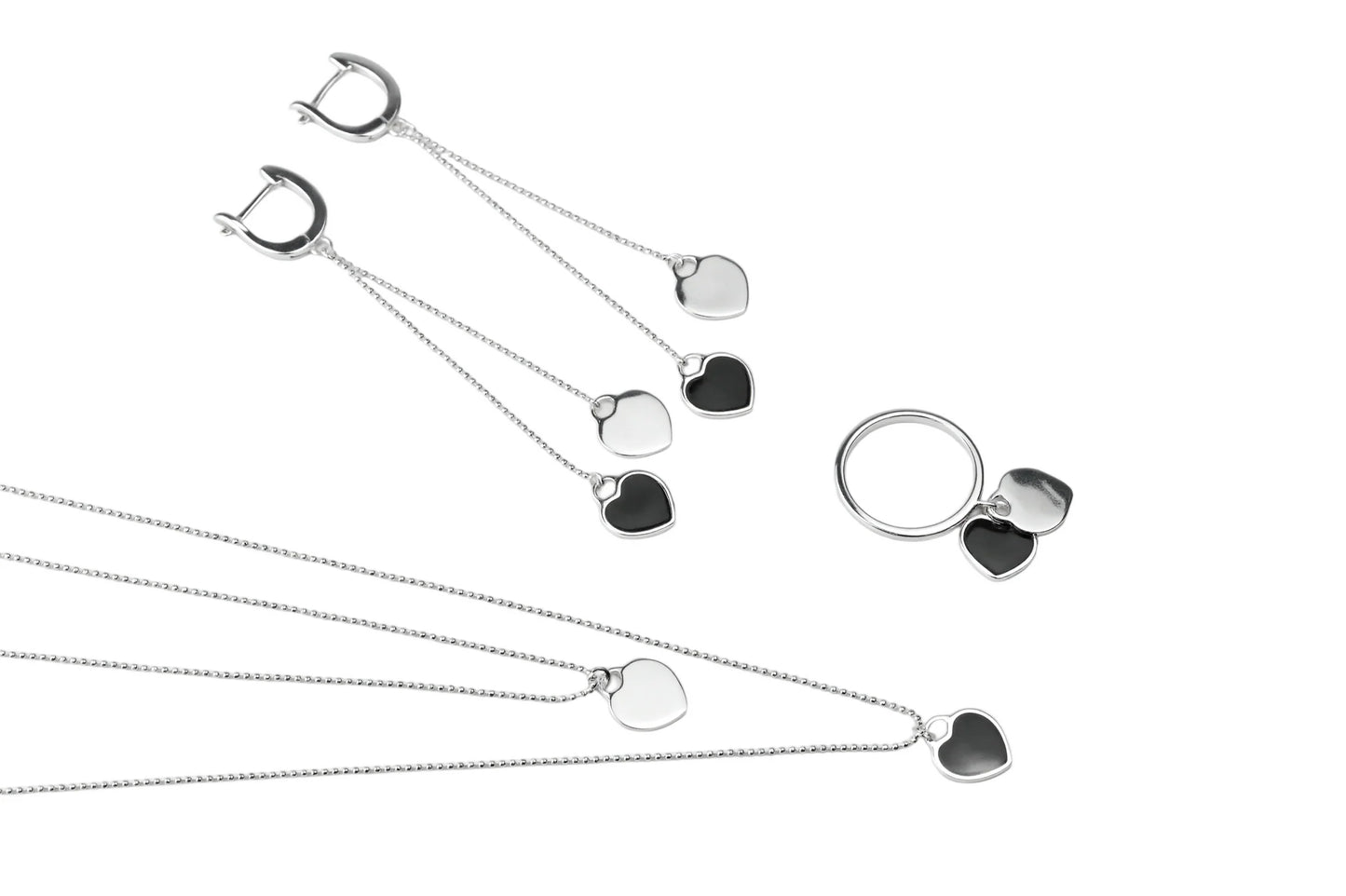 Silver Jewelry Set Black Hearts
