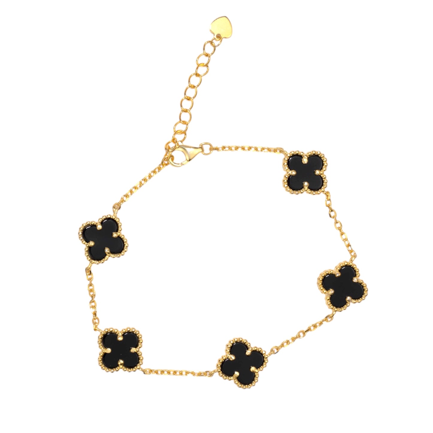 Silver Bracelet Clovers Onyx Yellow Gold Plated