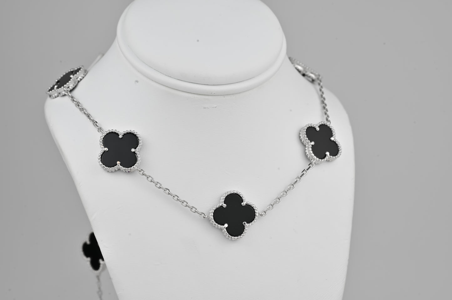 Silver Necklace Clovers Onyx