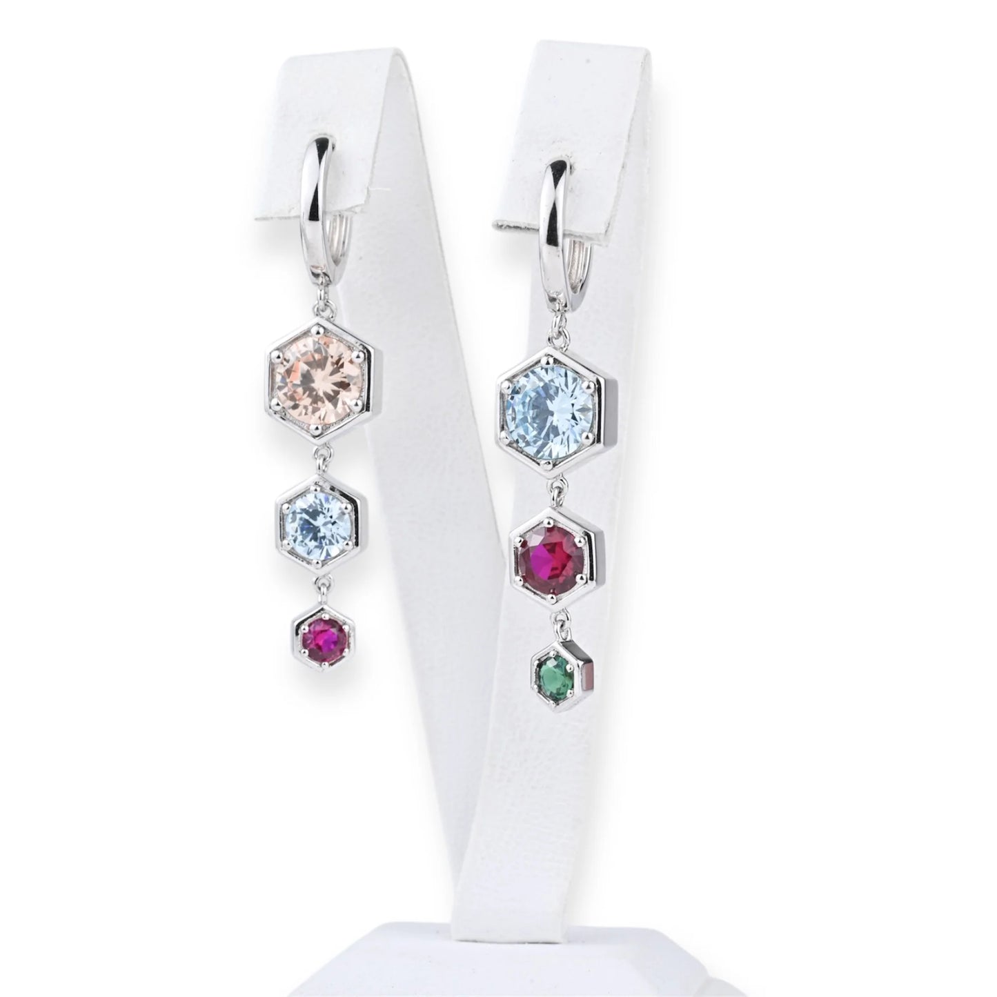 Silver Set Colorful Hexagon Dangle Earrings and Ring