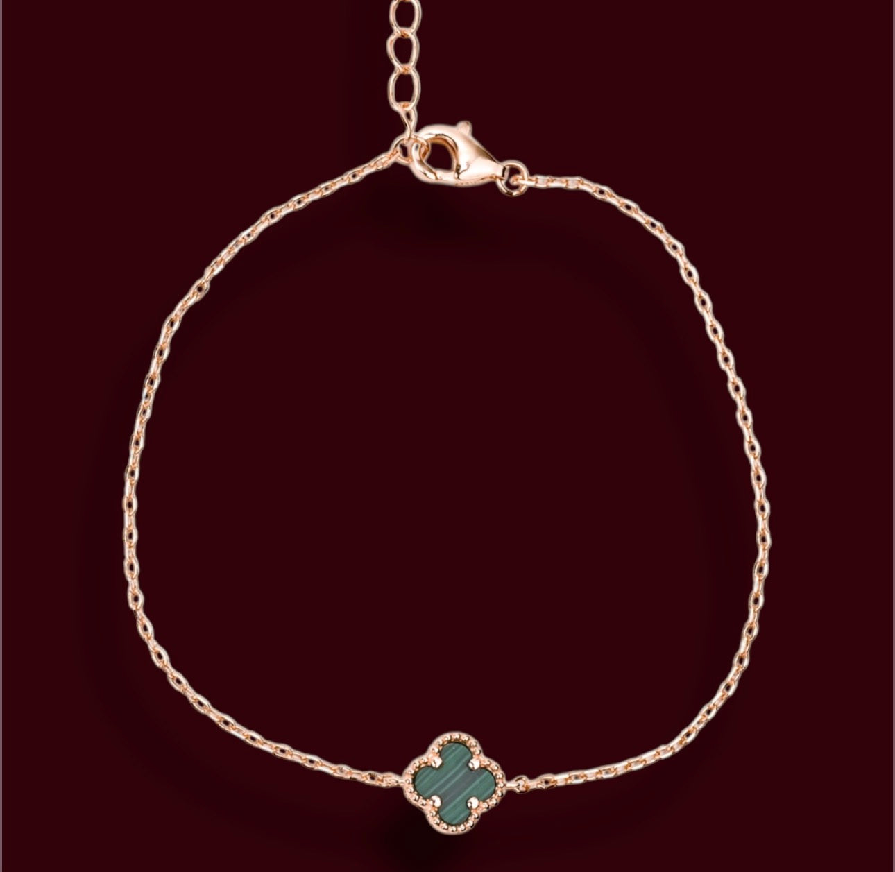 Silver Bracelet clover Malachite Rose Gold Plated