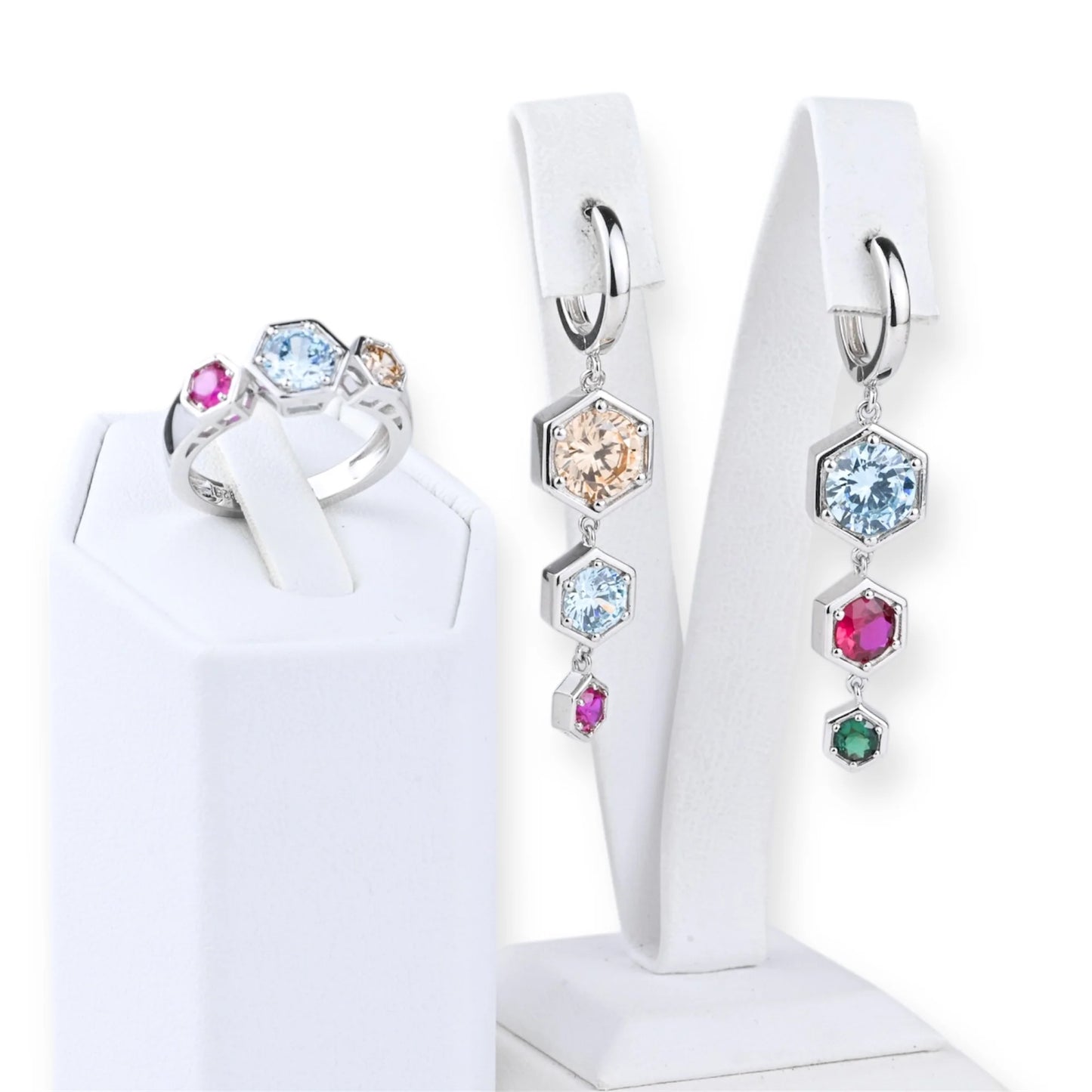 Silver Set Colorful Hexagon Dangle Earrings and Ring
