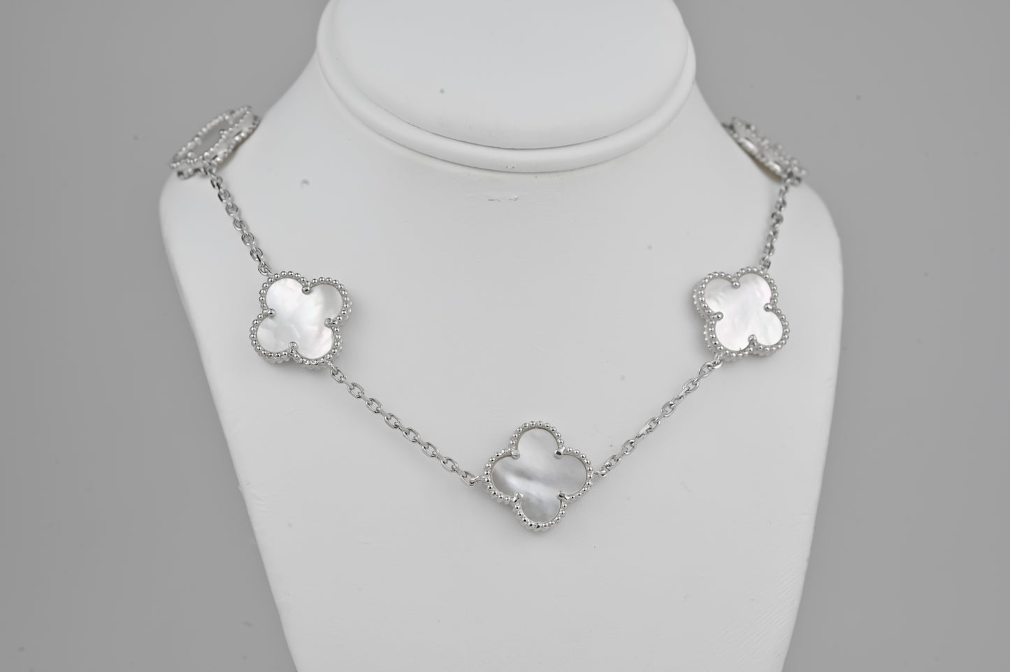 Silver Necklace Clovers Mother of Pearl