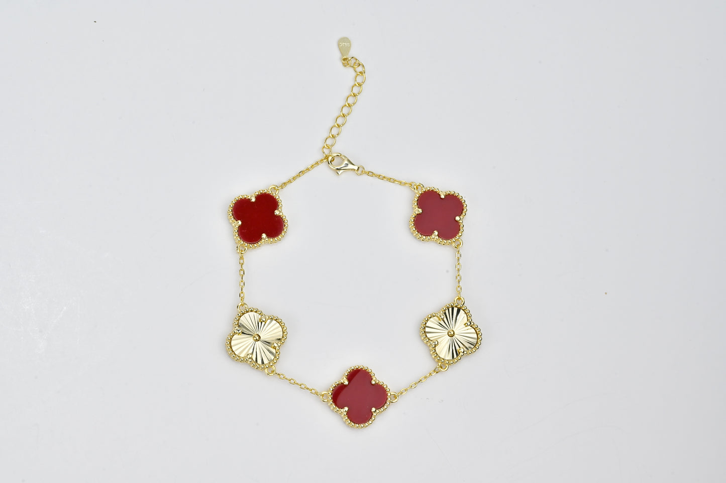 Silver Bracelet Red Clover Yellow Gold Plated