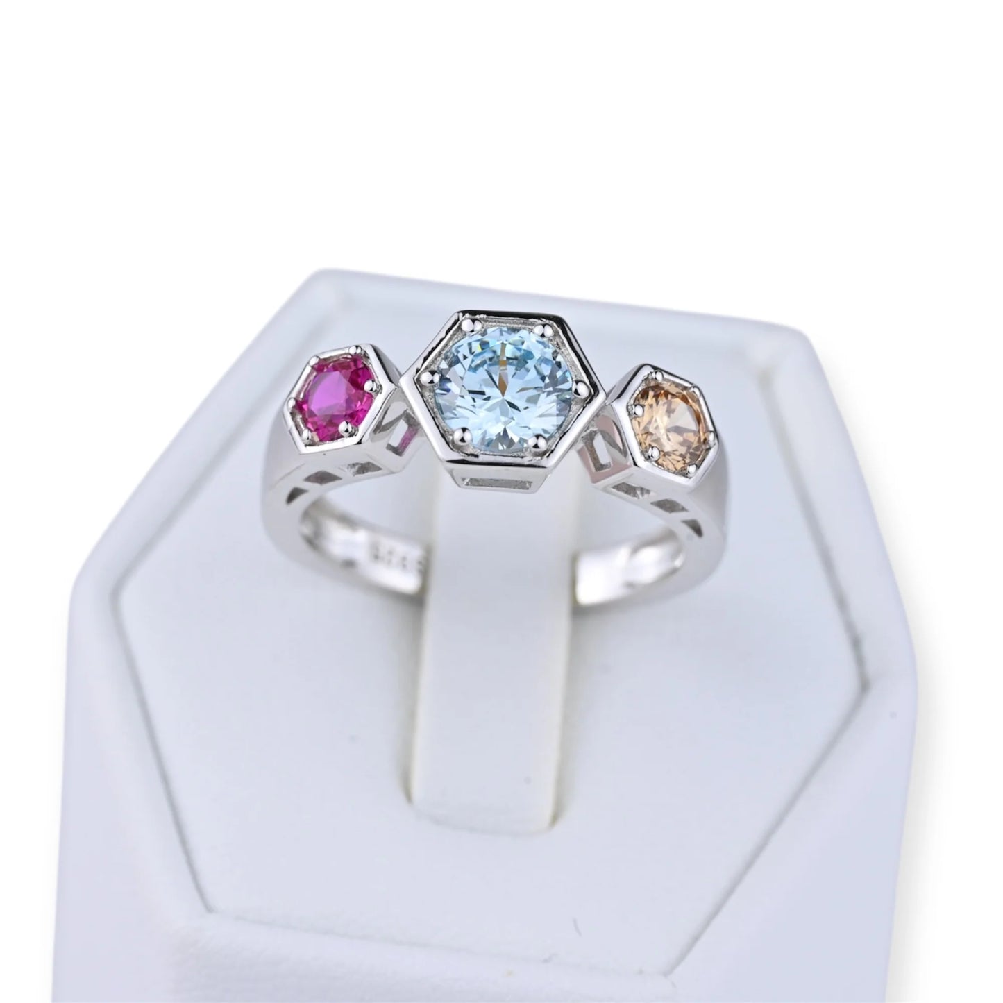 Silver Set Colorful Hexagon Dangle Earrings and Ring
