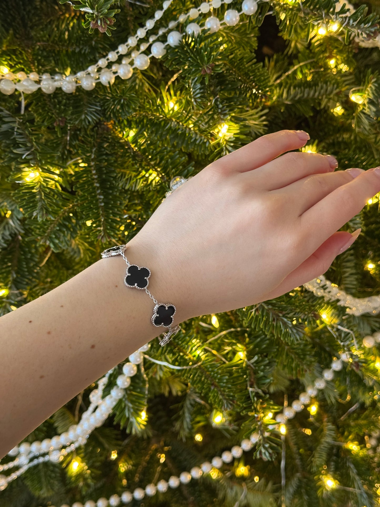 Silver Bracelet Clover Onyx