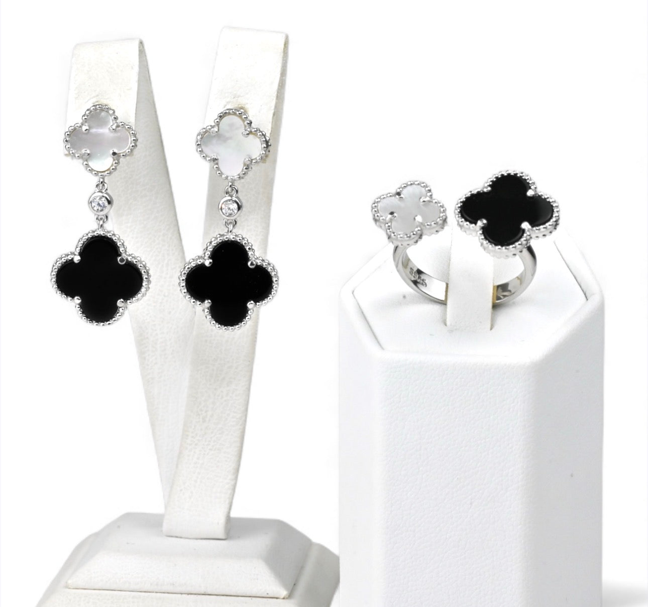 Silver Set Clover Onyx Mother of Pearl