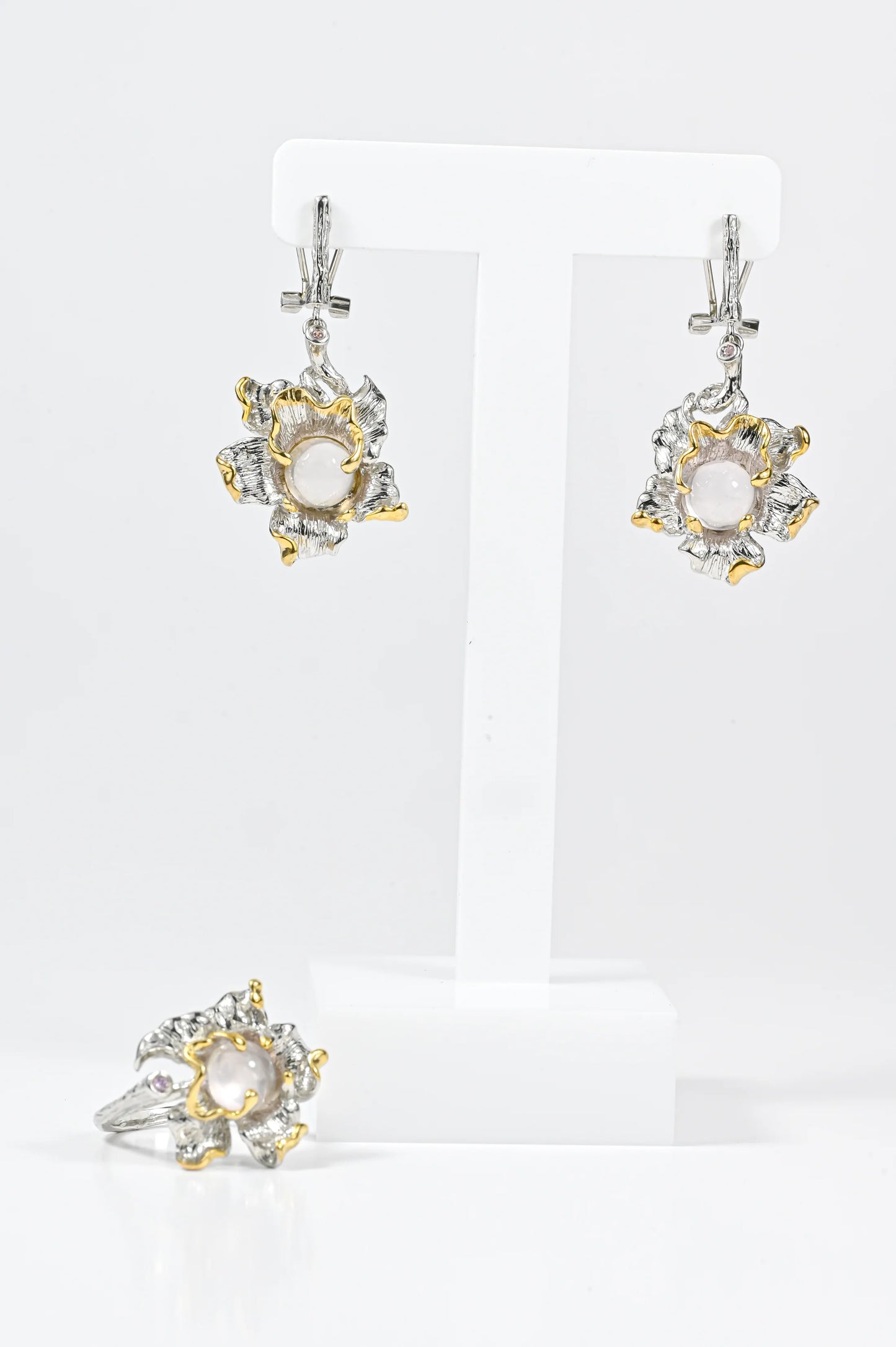 Pink Alien Flowers Silver Jewelry Set