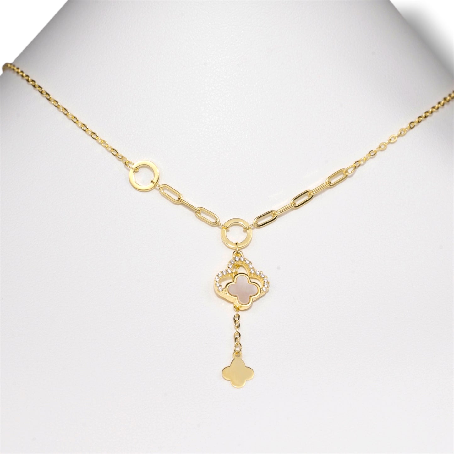 Cubic Zirconia Clover Silver Necklace Yellow Gold Plated