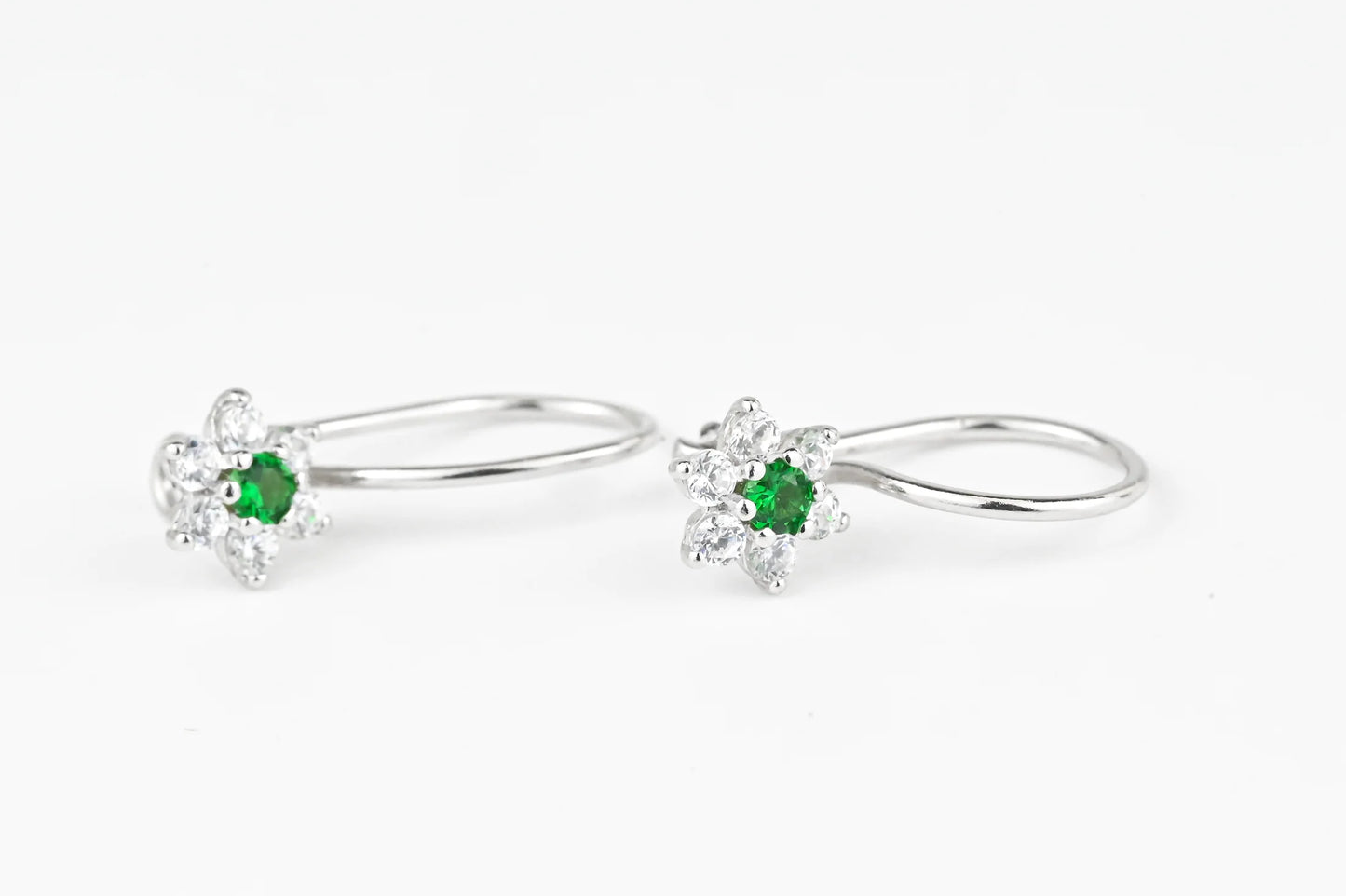 Kids Earrings Green Flowers Silver