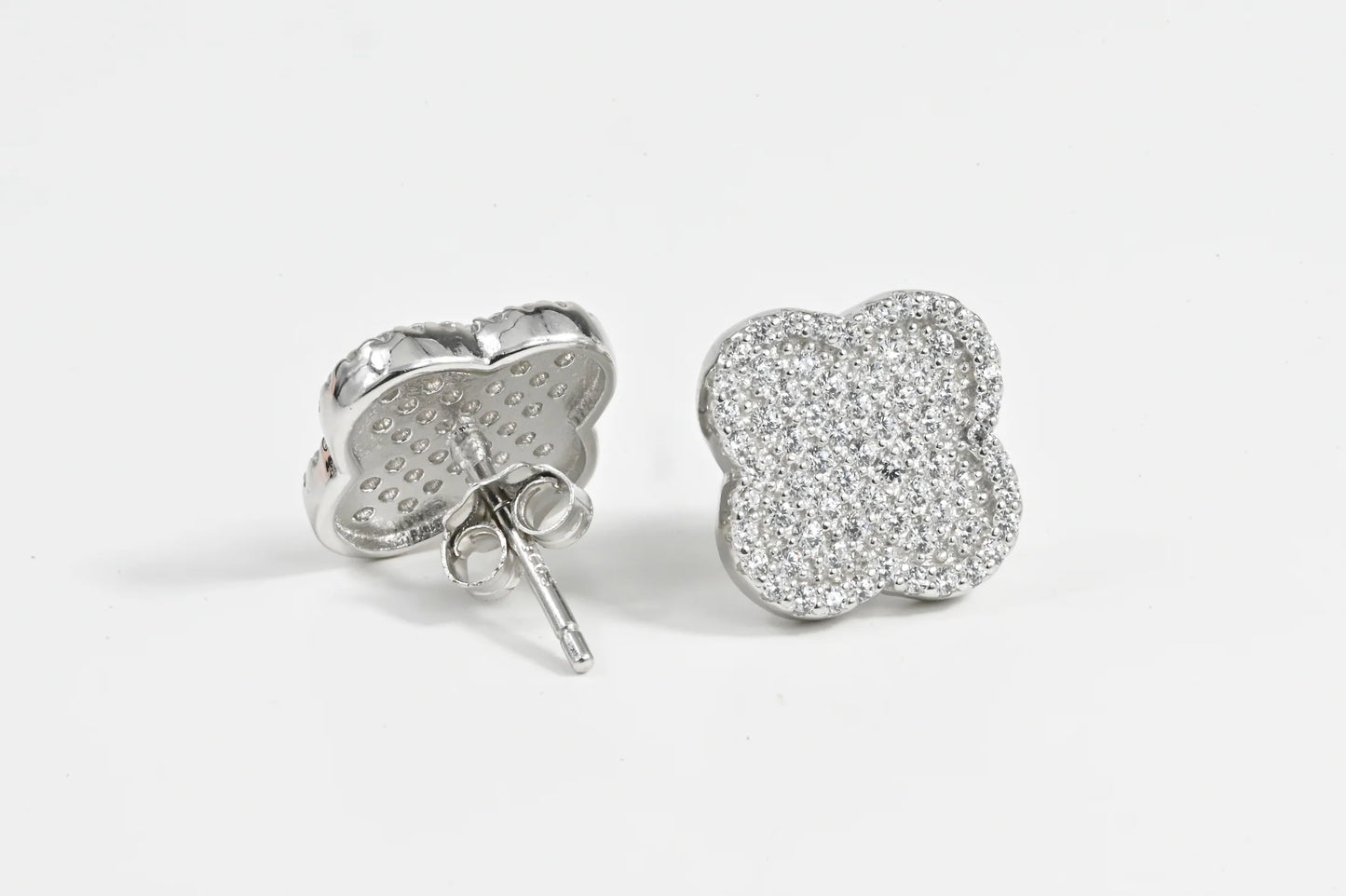 Silver Stud Earrings clover Zirconia stones