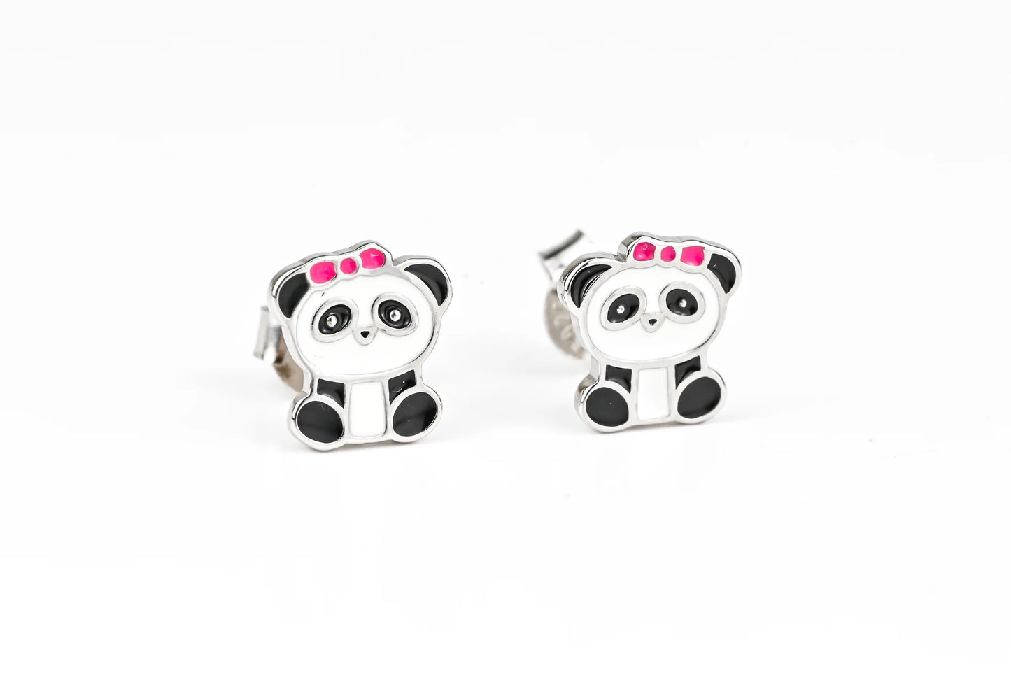 Kids Silver Earrings Panda Screw in lock