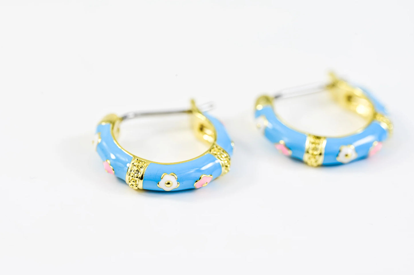 Blue Kids Earrings Flowers Gold Plated