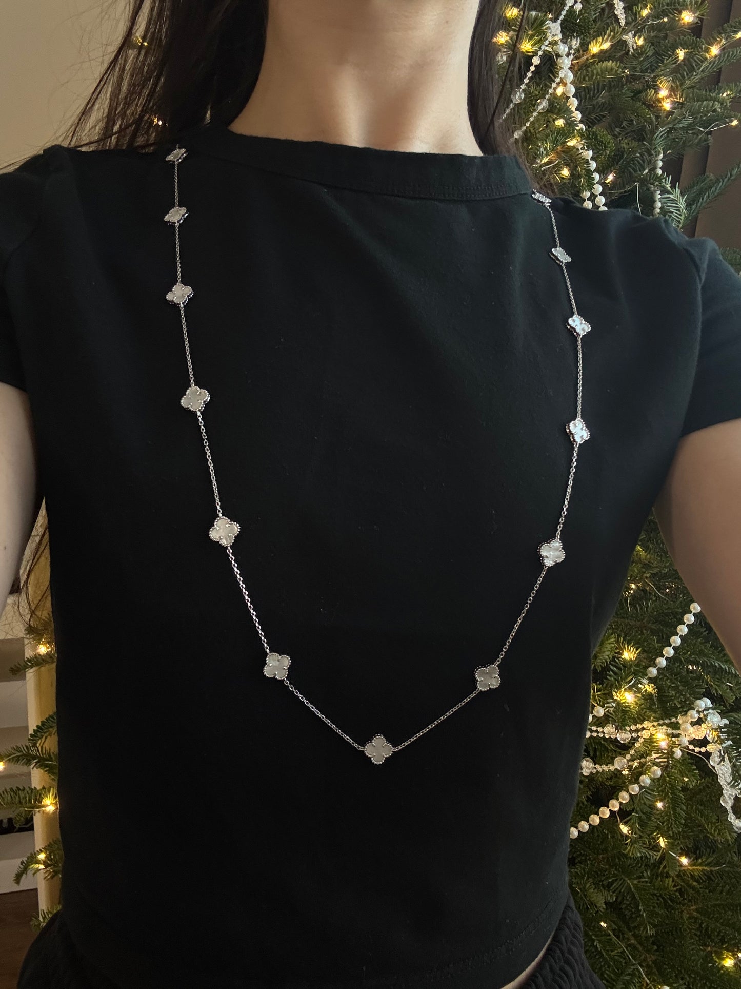 Long Silver Necklace Mother of Pearl Clovers