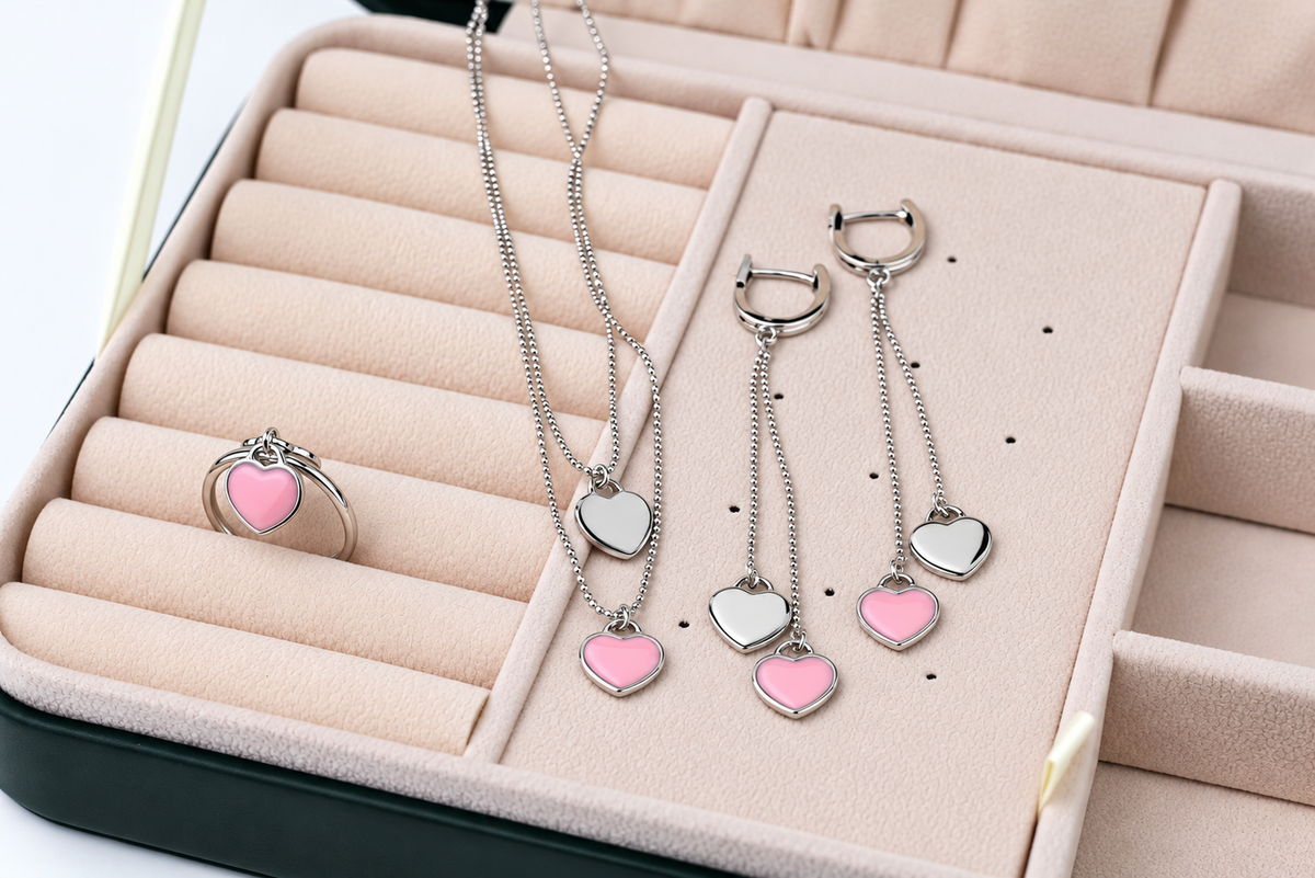 Silver Set Pink Hearts