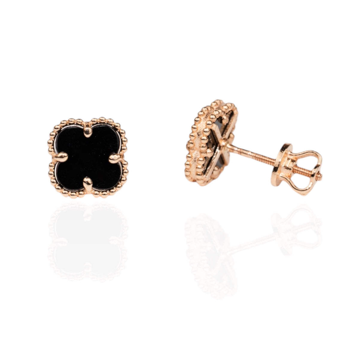 Stud Earrings Onyx Clover Rose Gold 585