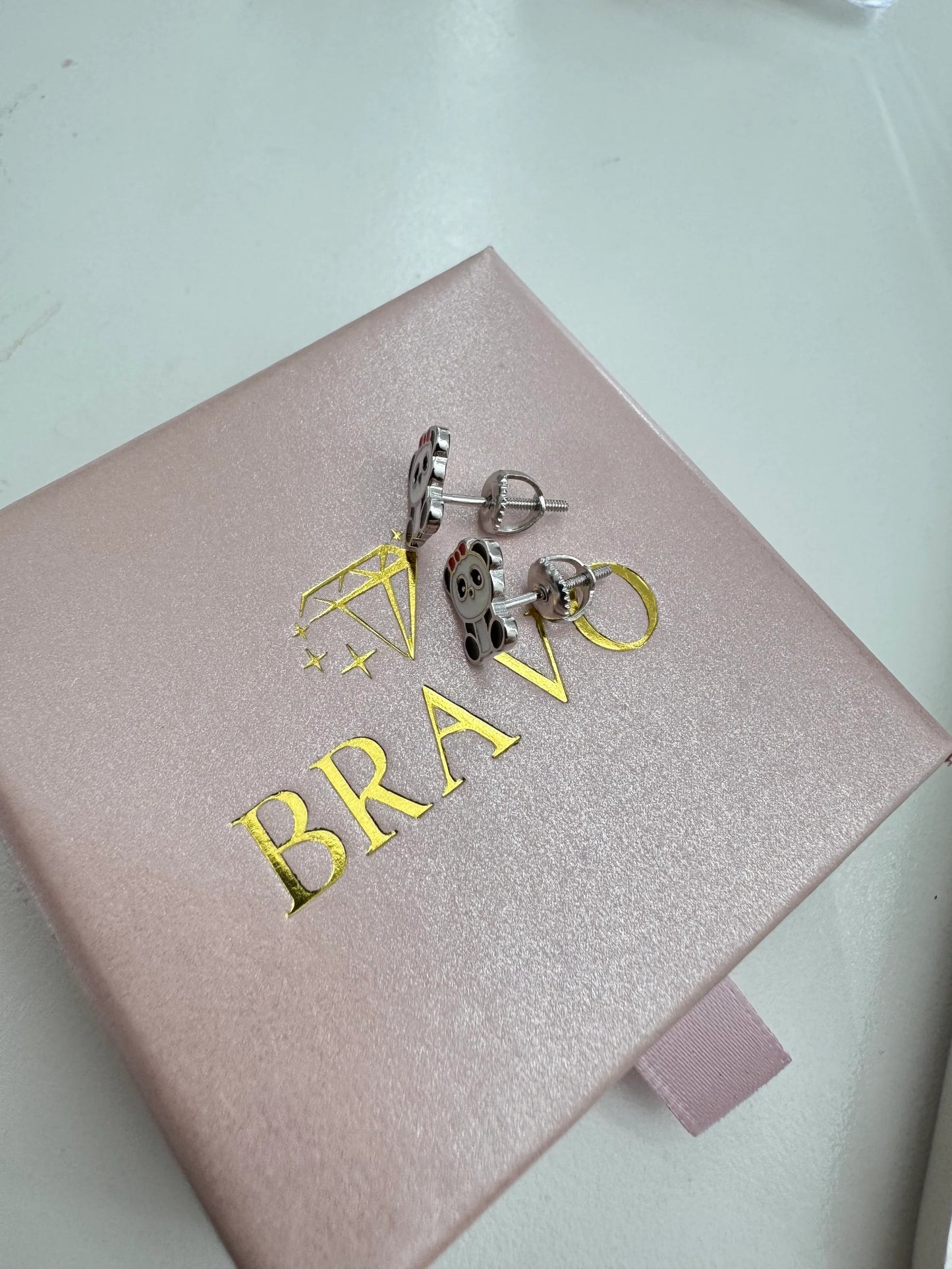 Kids Silver Earrings Panda Screw in lock