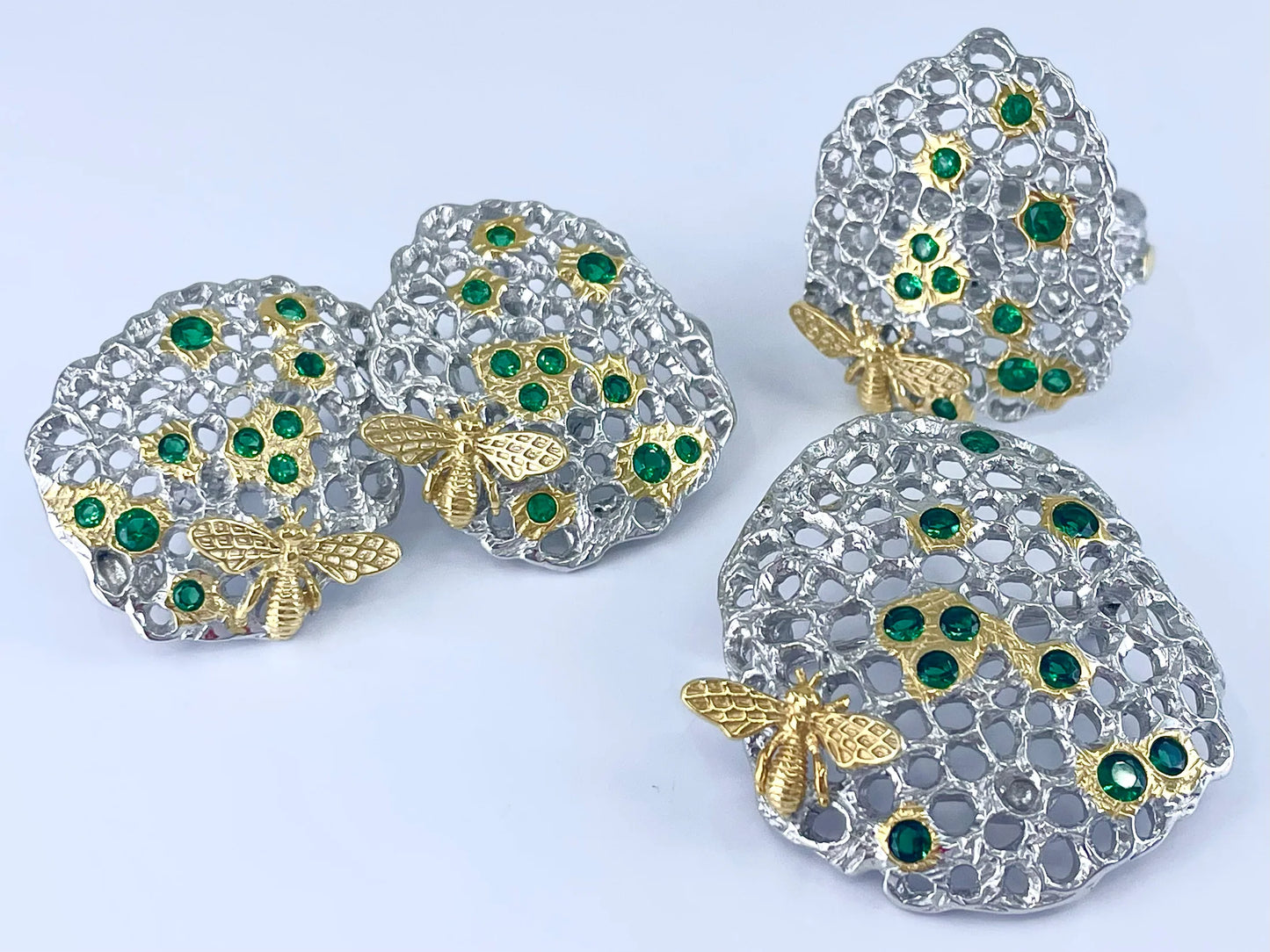 Little Golden Bee Honeycomb Silver Jewelry Set