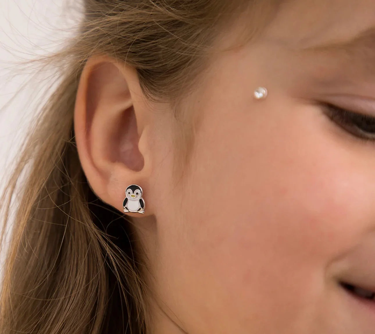 Silver Stud Kids Earrings Screw in lock Penguin