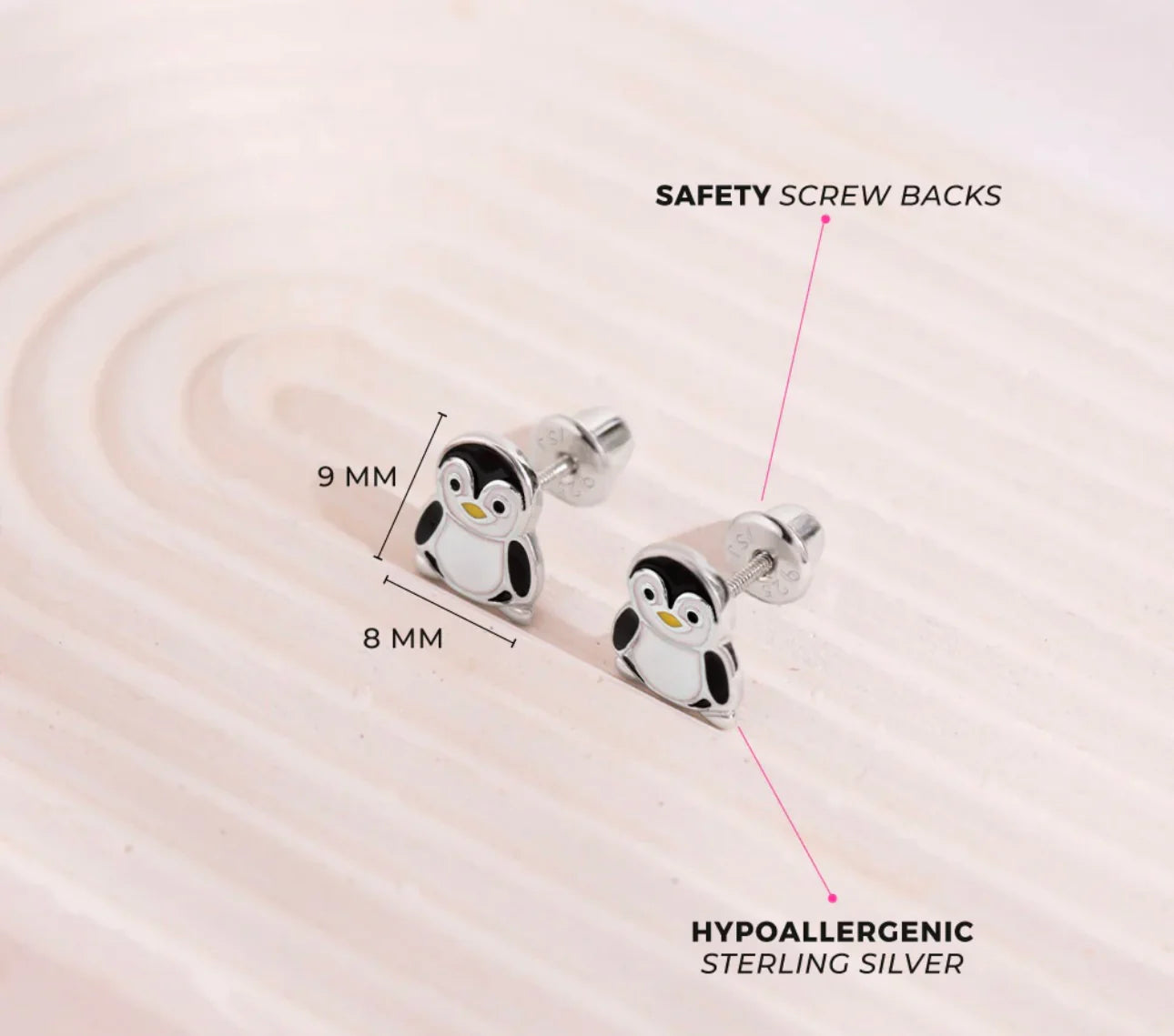 Silver Stud Kids Earrings Screw in lock Penguin