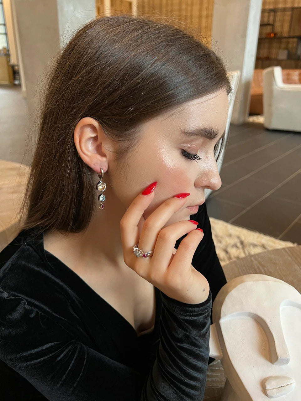 Silver Set Colorful Hexagon Dangle Earrings and Ring