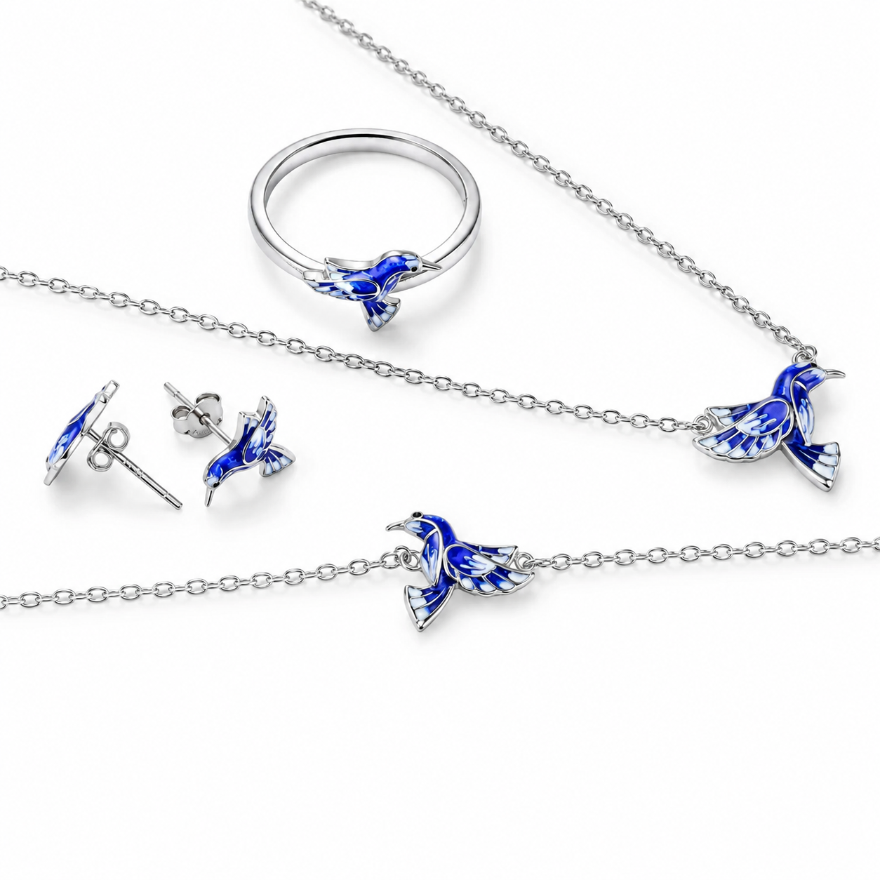 Dainty Hummingbird Silver Jewelry Set