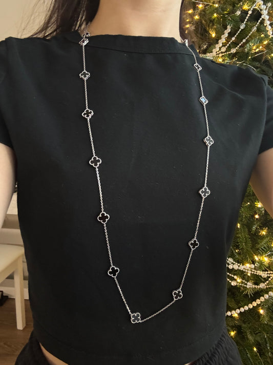 Long Silver Necklace Onyx Clovers