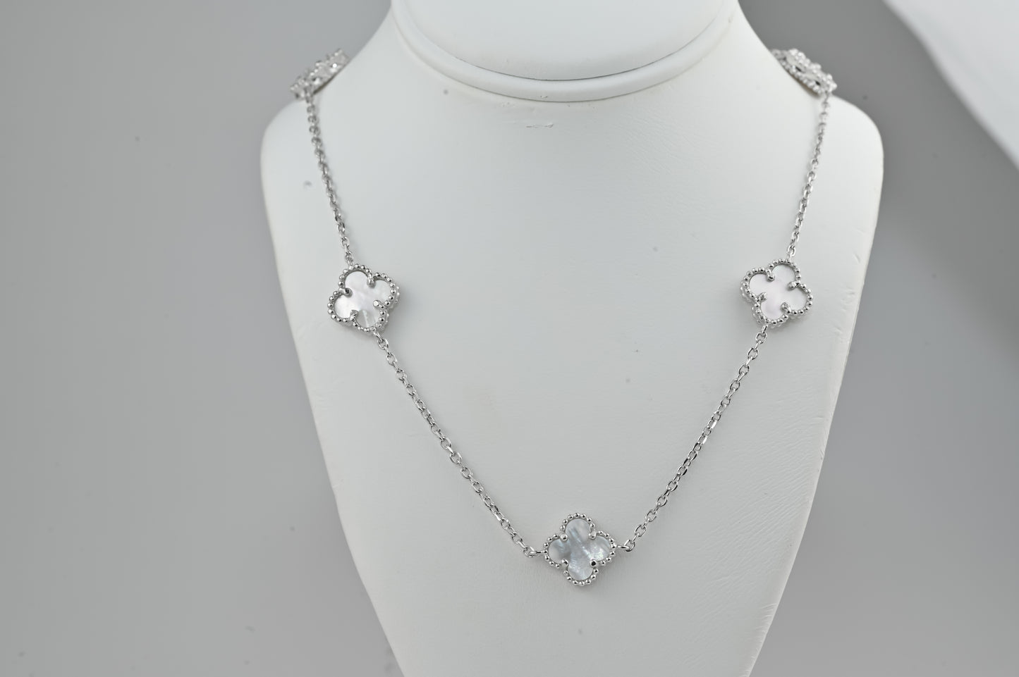 Long Silver Necklace Mother of Pearl Clovers