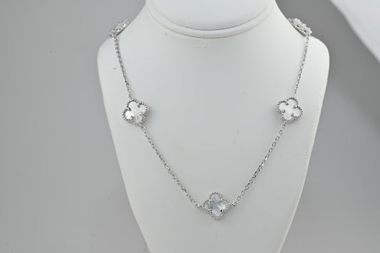 Long Silver Necklace Mother of Pearl Clovers