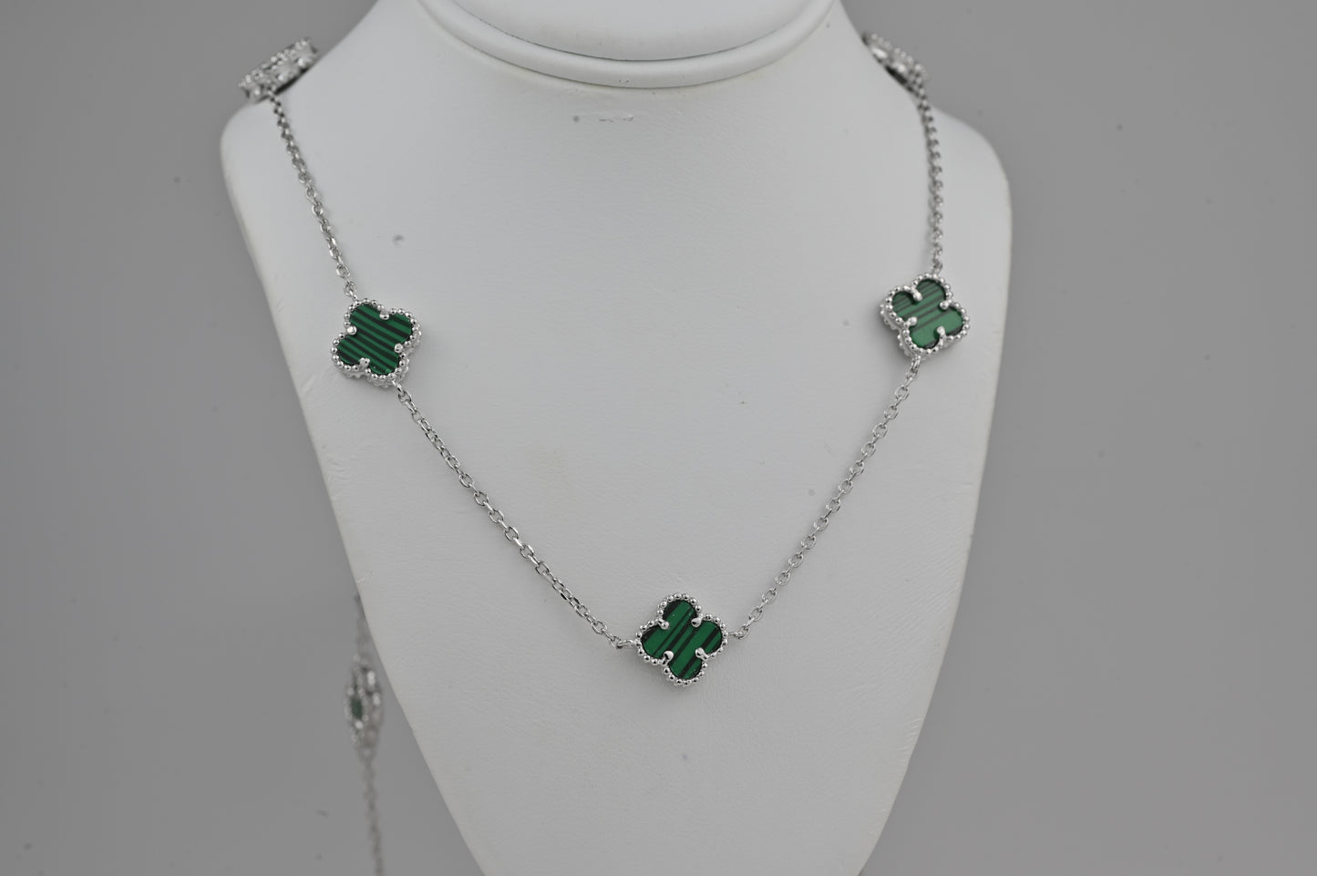 Long Silver Necklace Malachite Clovers