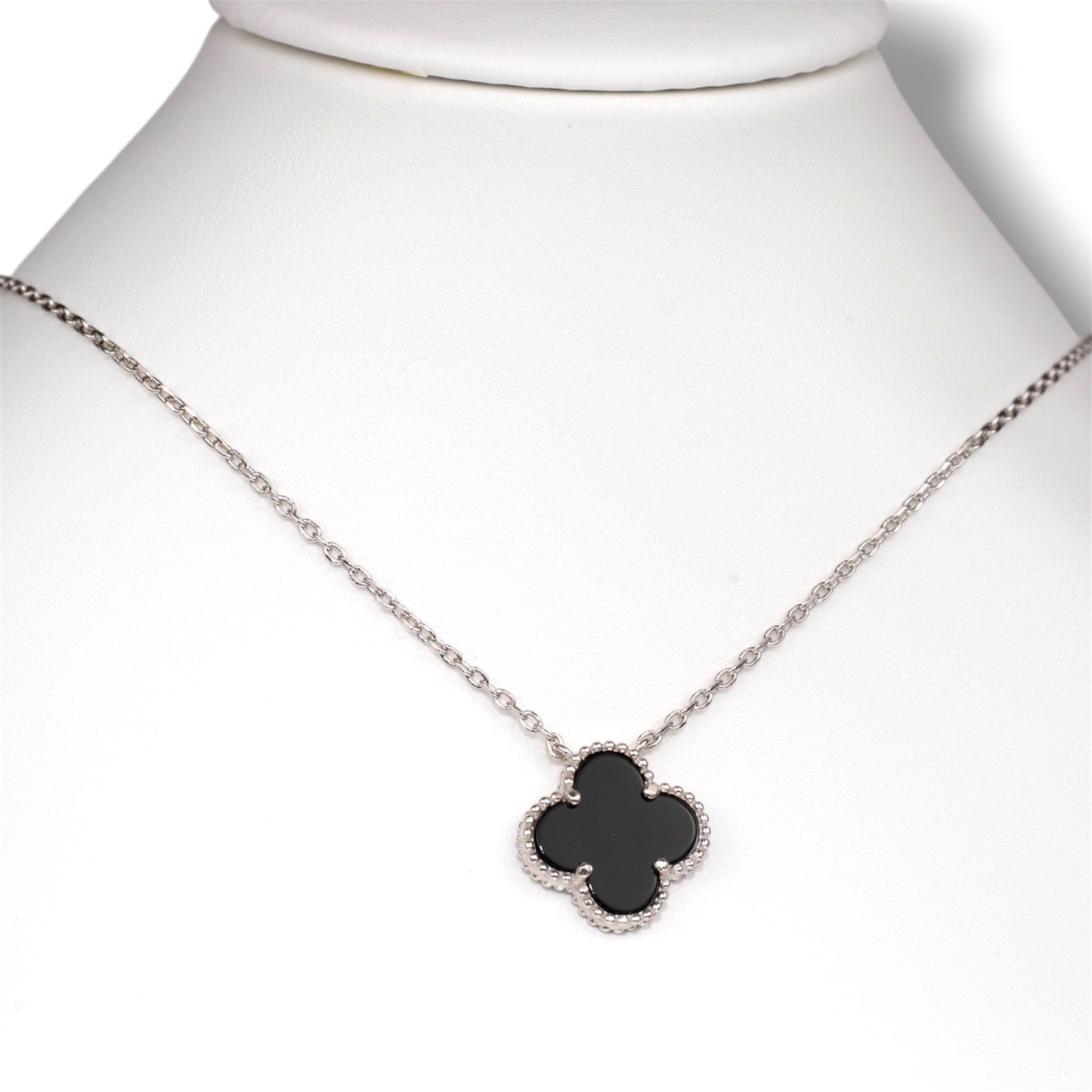 Silver Necklace Clover Onyx