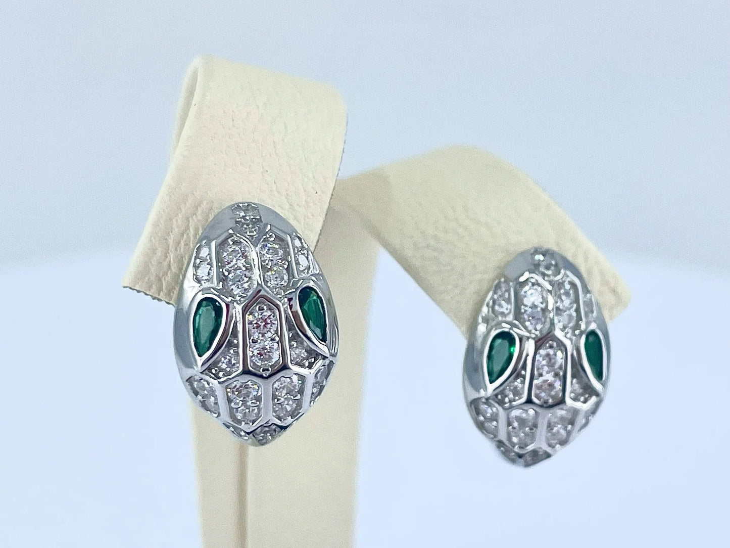 Silver Green Eyed Snake Earrings