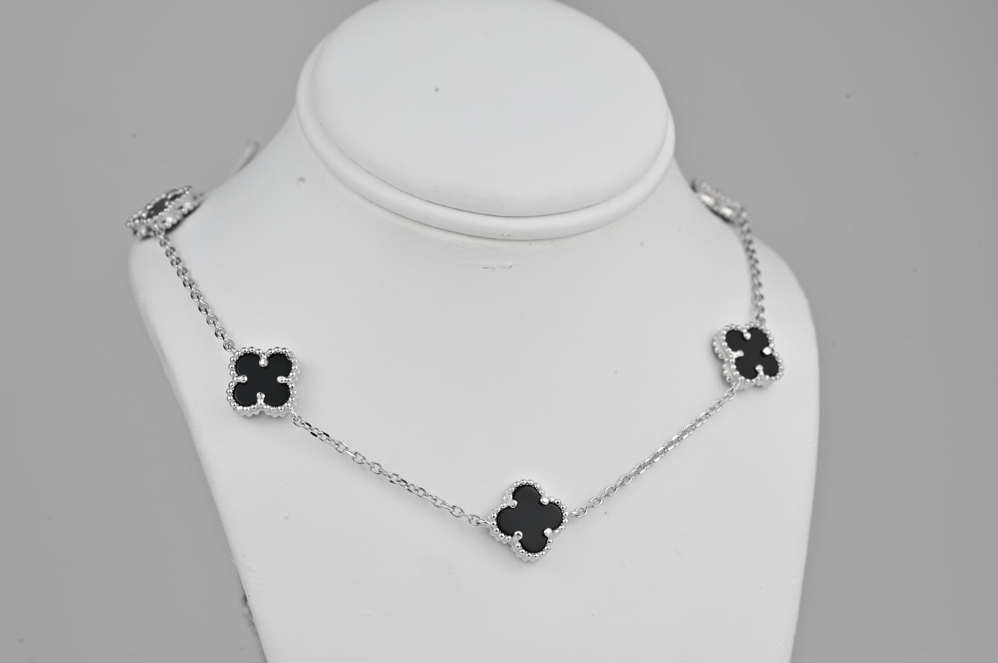Silver Necklace Clovers Onyx