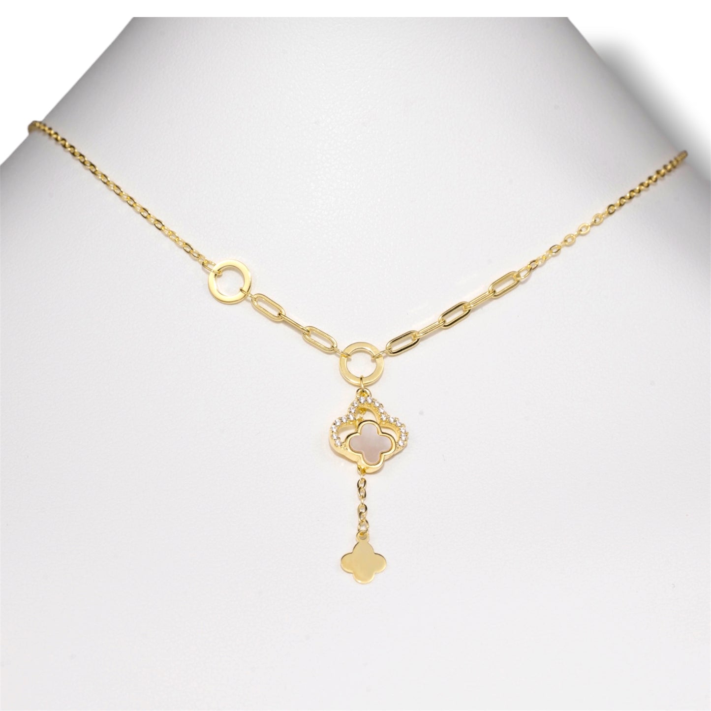 Cubic Zirconia Clover Silver Necklace Yellow Gold Plated