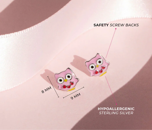 Pink Owls Silver Kids Earrings