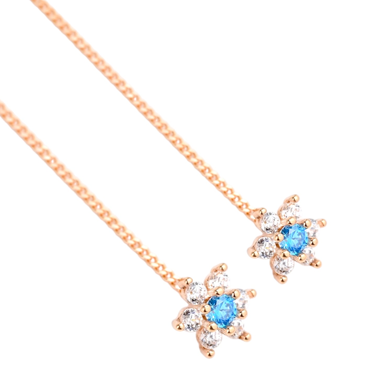 Thread Earrings Flowers with Blue Zirconia stones