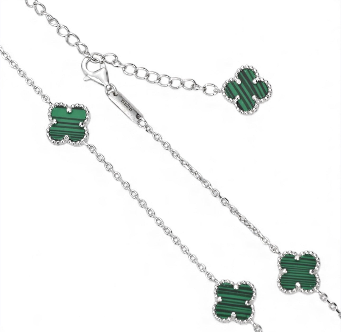 Long Silver Necklace Malachite Clovers