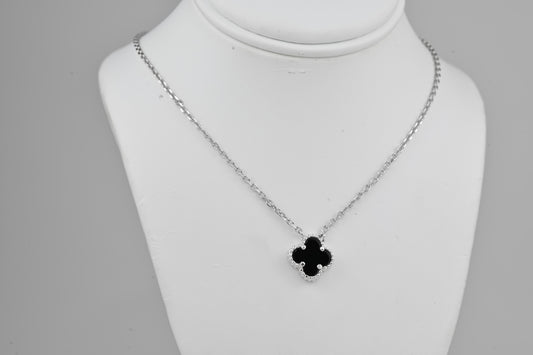 Silver Necklace Clover Onyx