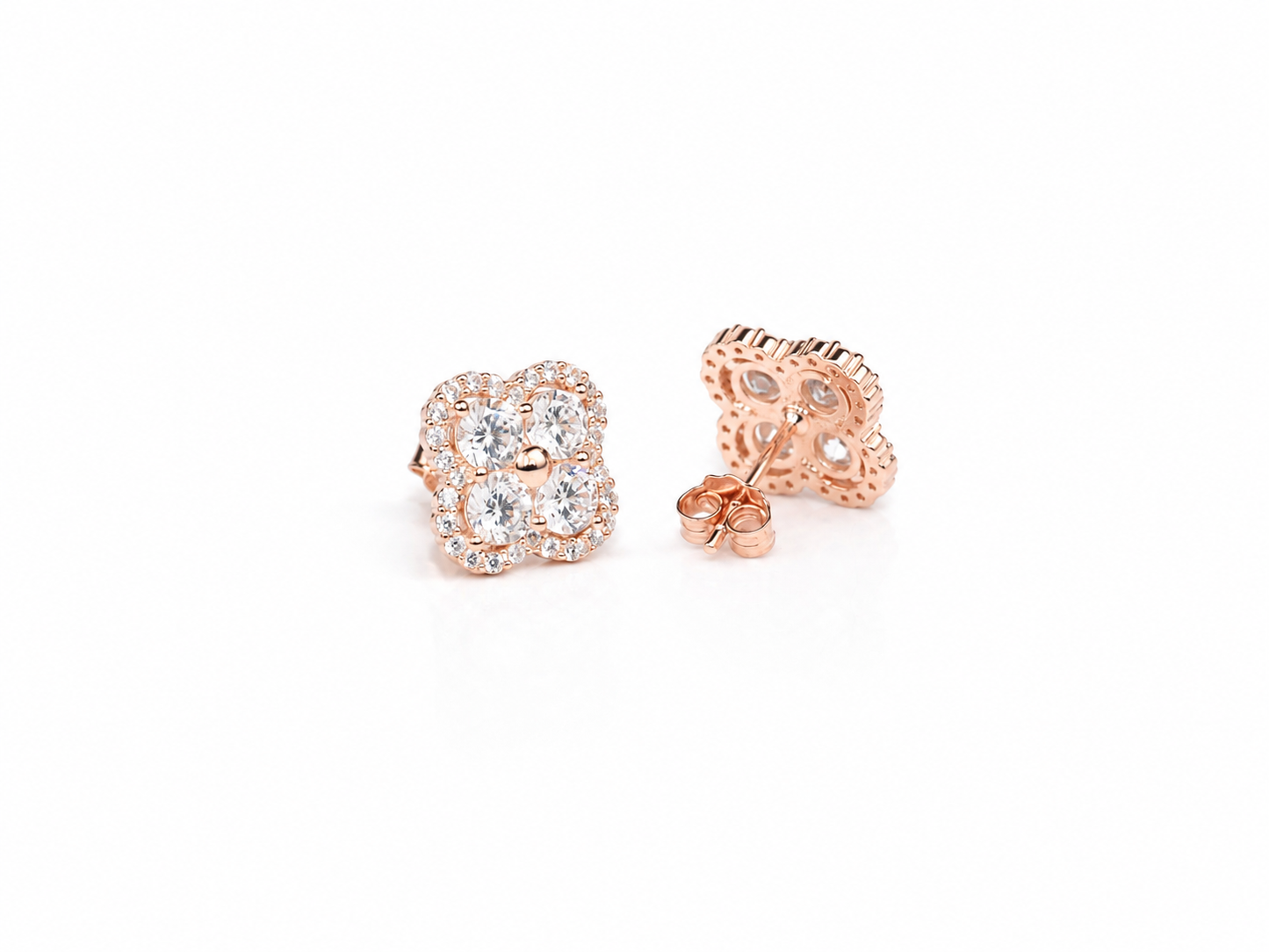 Stud Silver Earrings Clover with Zirconia Stones Rose Gold Plated