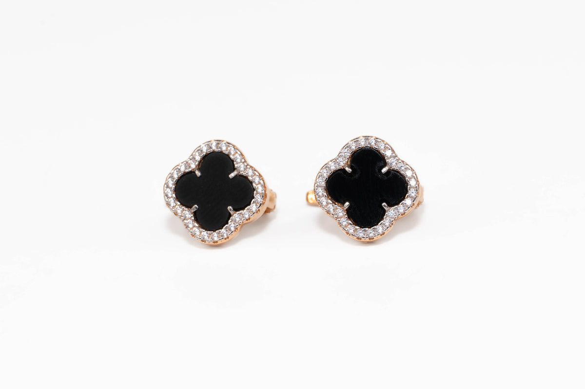 Rose Gold Earrings Clover Onyx