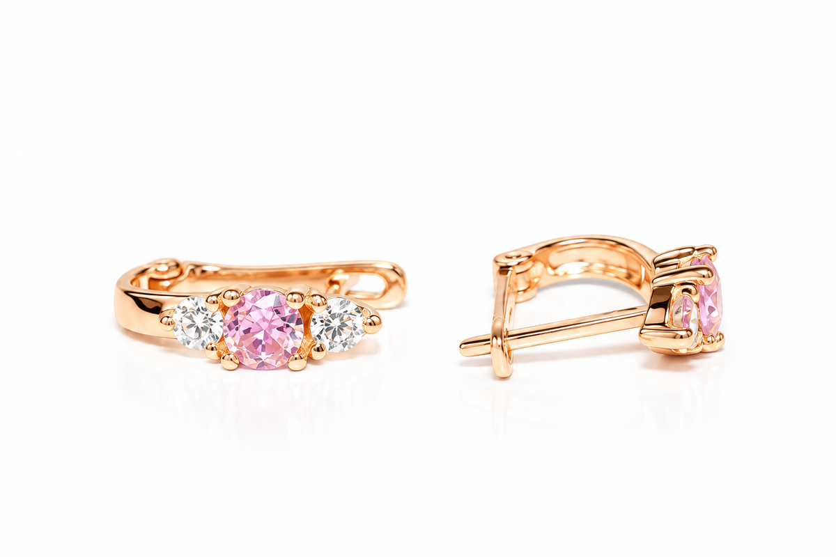 Kids Earrings Rose Gold 585(14K) Pink Zirconia stones