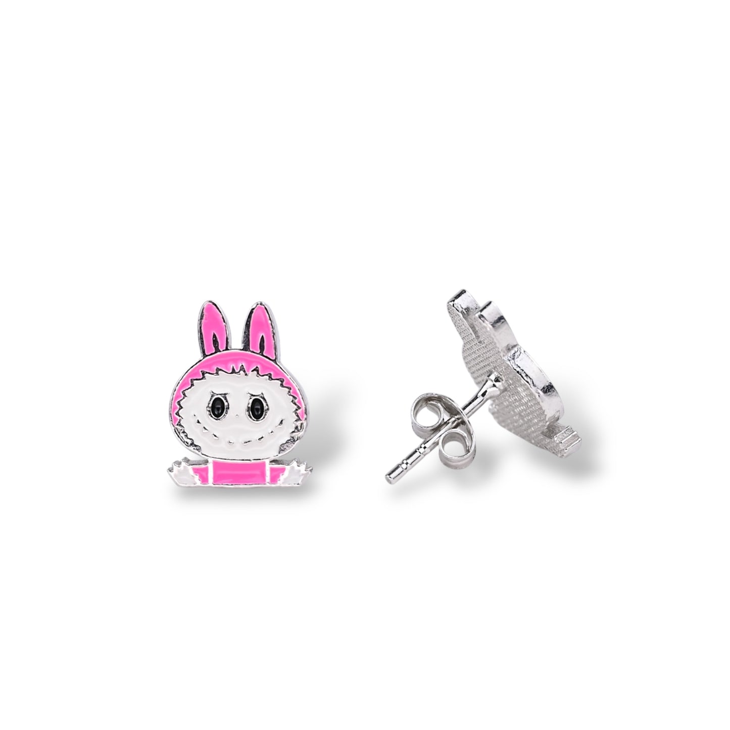 Kids Silver Stud Earrings Pink Labubu