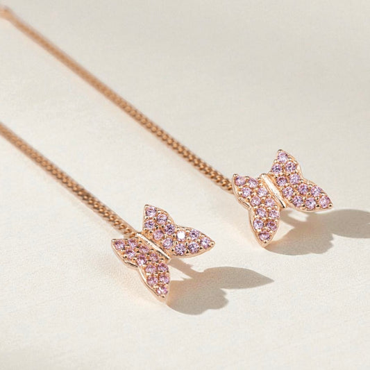 Thread Earrings Butterfly with Pink Zirconia stones