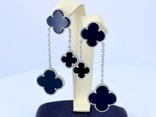 Silver Black Onyx Double Clover Dangle Earrings