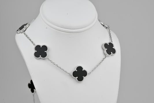 Silver Necklace Clovers Onyx