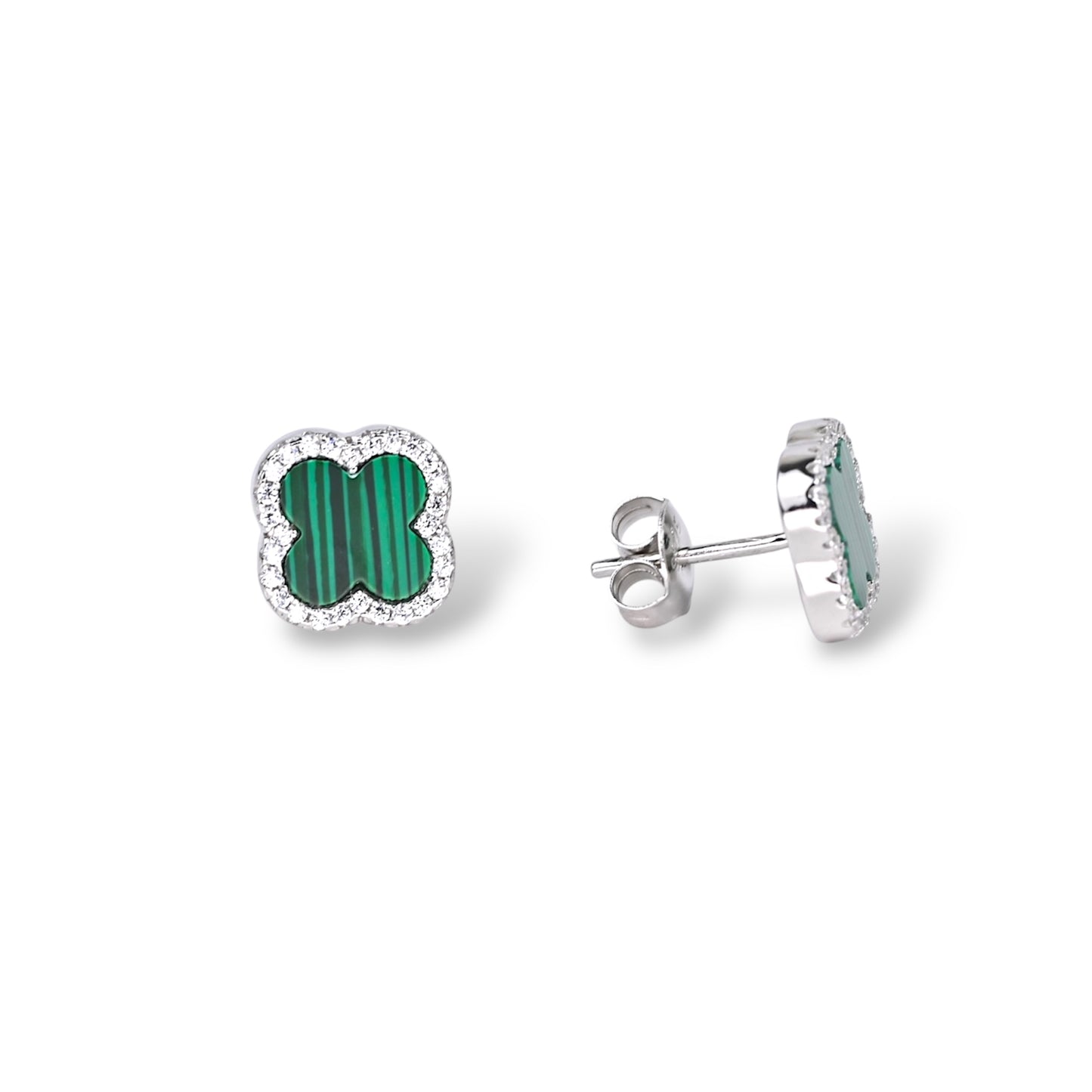 Stud Silver 925 Gold Plated Malachite Clover